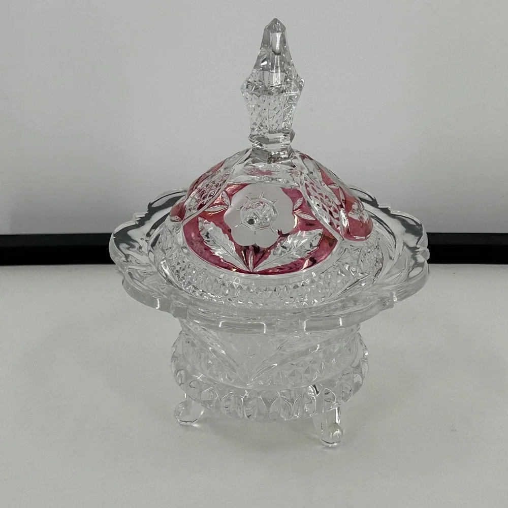 Vintage Footed Glass Candy Dish with Cranberry Flash Rose Lid Clear Pressed Bowl